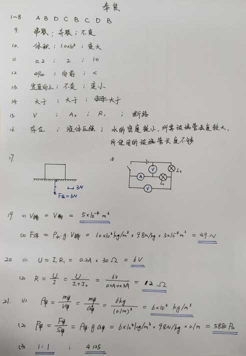 上海奉賢區2018中考一模考物理試卷解析