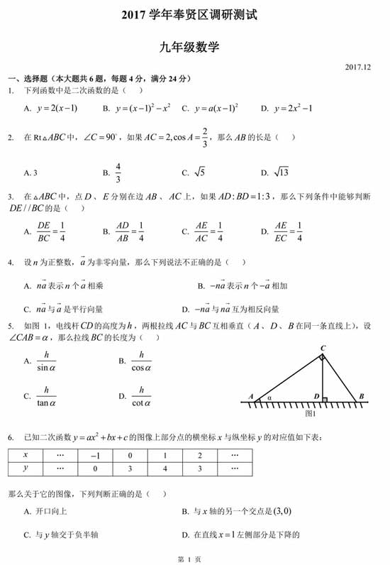 上海奉賢區2018中考一模考數學試卷解析
