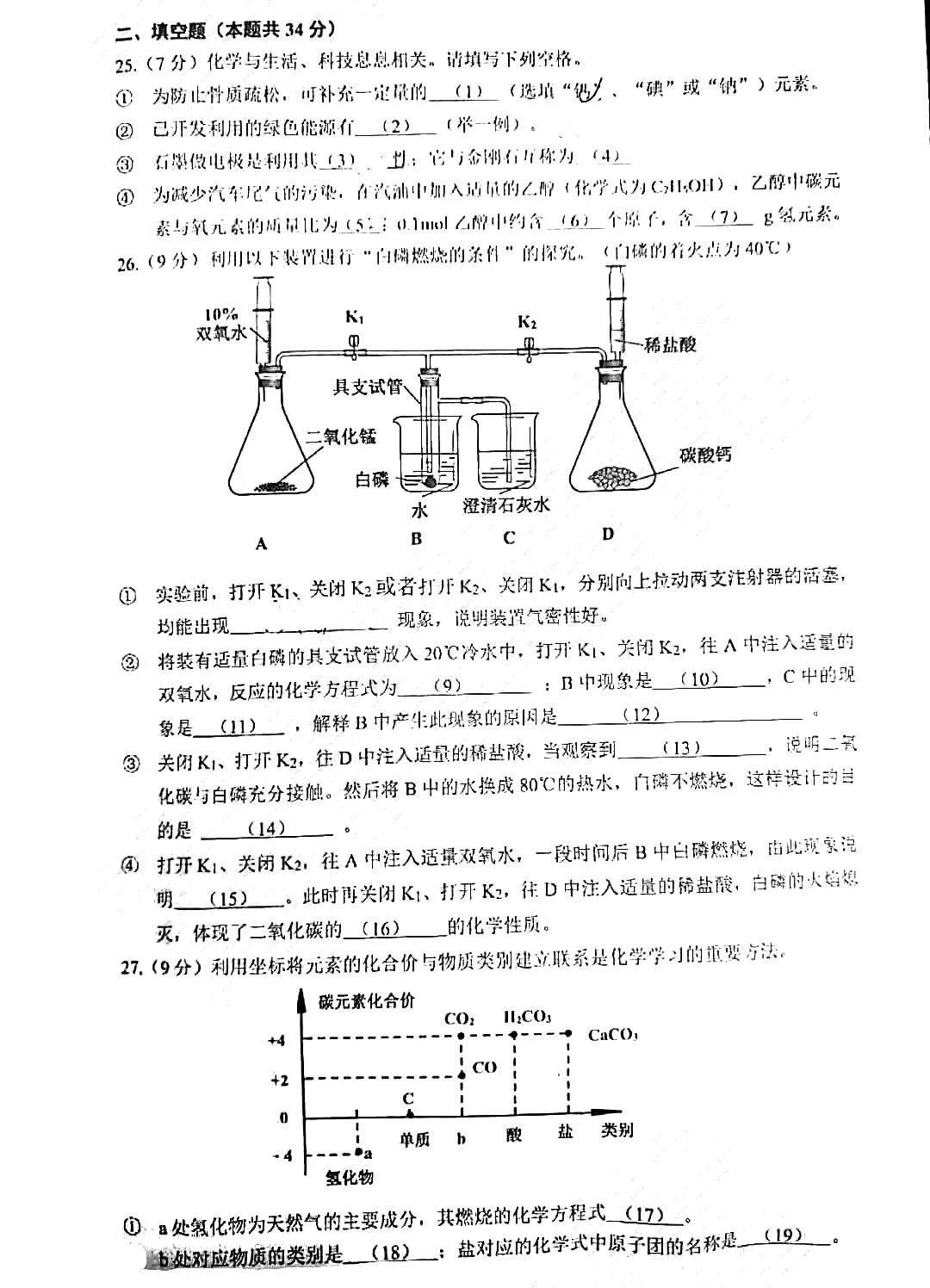 2020楊浦初三一模化學卷及答案